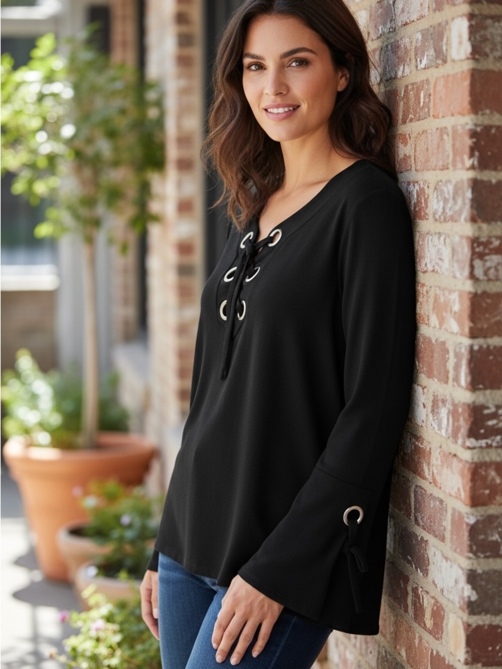INC International Concepts Black Lace-Up Grommet Long Sleeve Top
